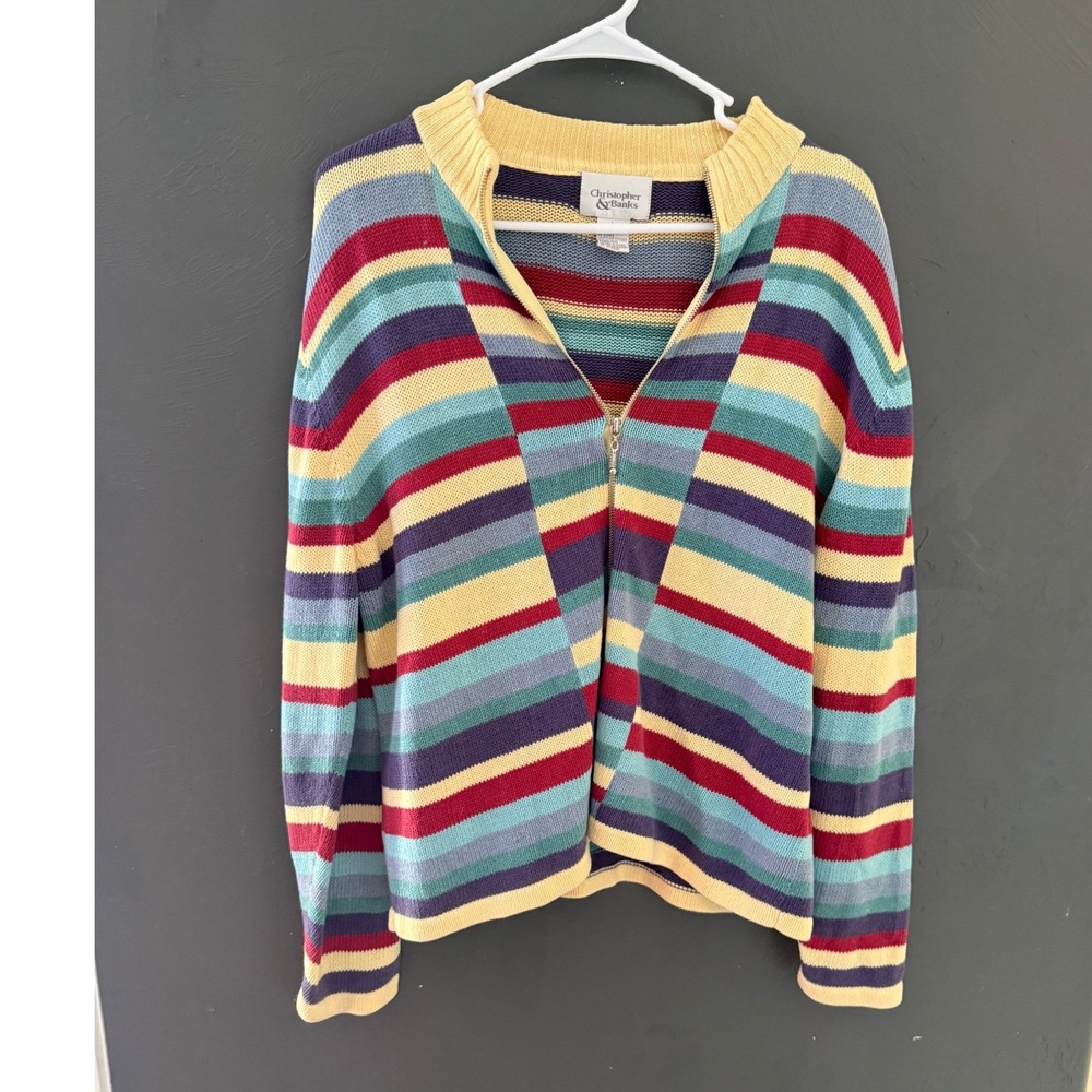 Christopher & Banks Vintage Rainbow Multicolor Striped Ramie Cotton Zip Cardigan